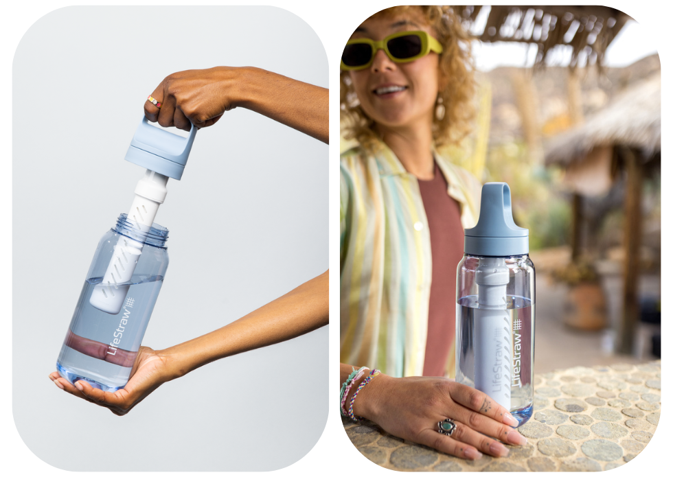 Błękitna butelka LifeStraw Go 2.0 Icelandic Blue 1L w&nbsp;podróży